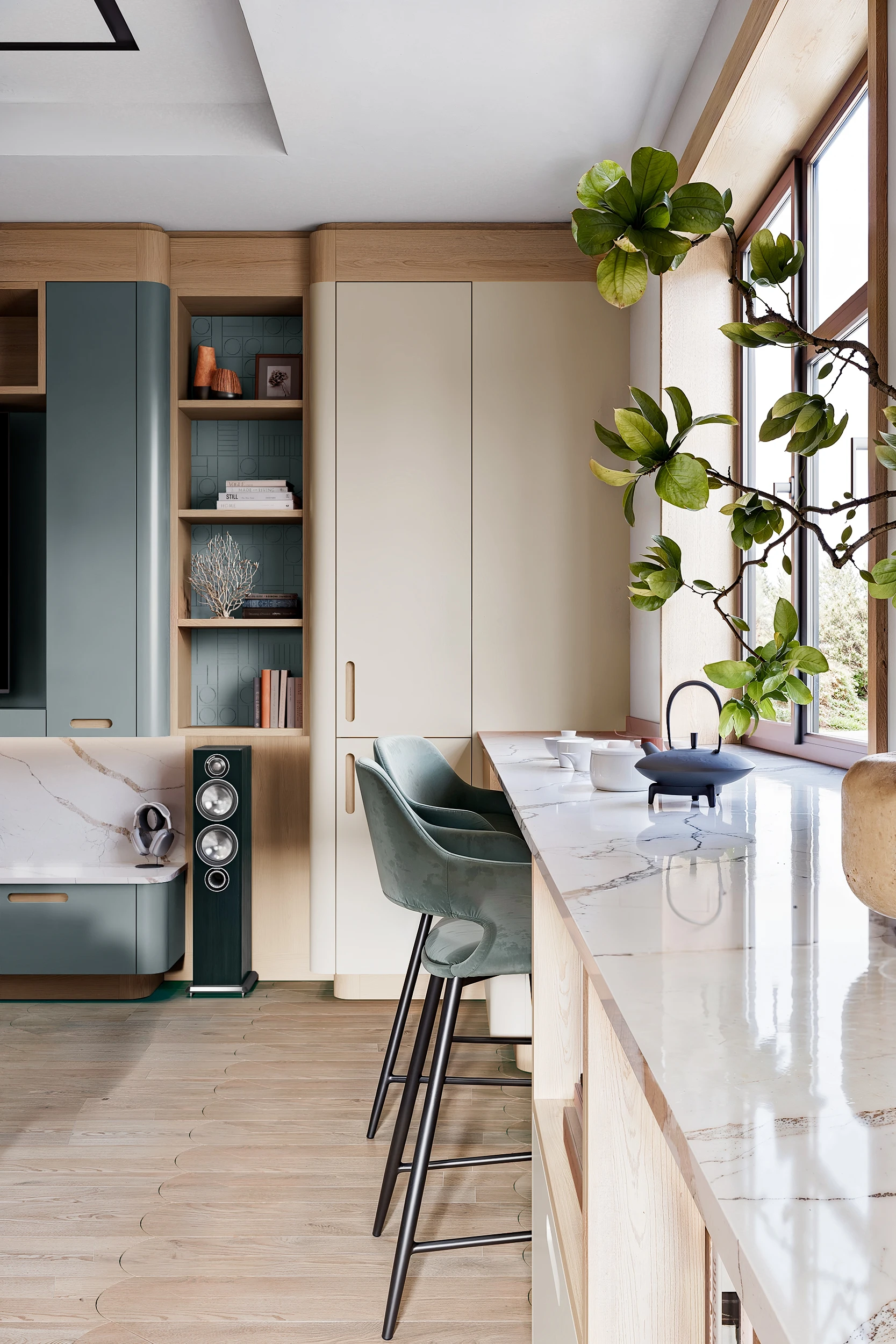 Белая кварцевая столешница вдоль кухонной стены без навесных шкафов МАЛЕВИЧ СТАДИОН John Green Большая столешница со стульями на кухне МАЛЕВИЧ СТАДИОН John Green