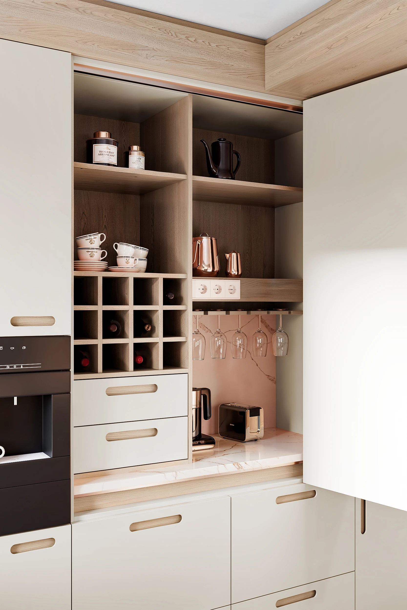 Барный кухонный шкаф МАЛЕВИЧ СТАДИОН John Green с выдвижными ящиками, полками для бутылок, держателями бокалов и складными дверьми Дизайн барного шкафа у кухни МАЛЕВИЧ СТАДИОН John Green