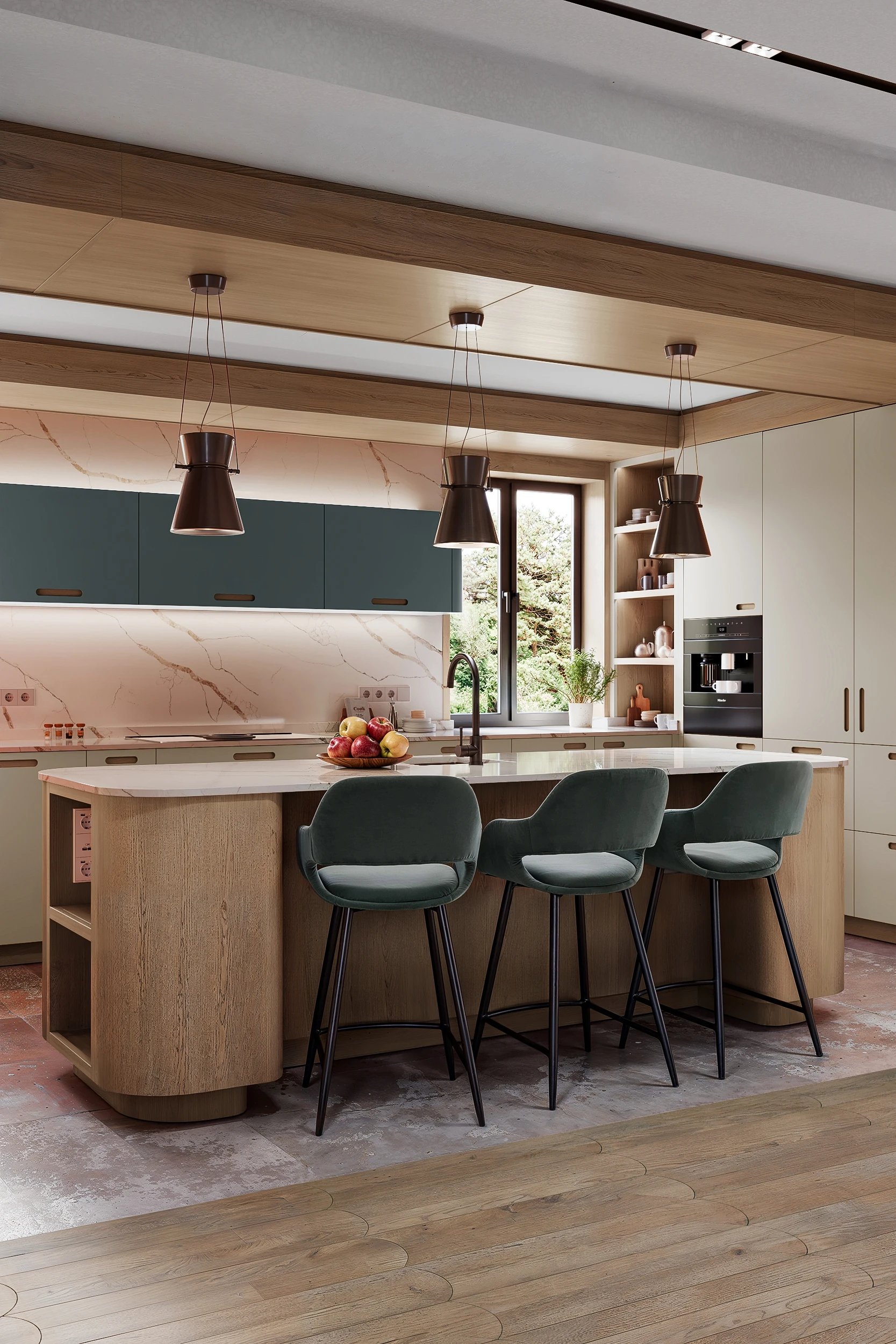 Округлый кухонный остров под потолочным коробом, 3 барных стула МАЛЕВИЧ СТАДИОН John Green