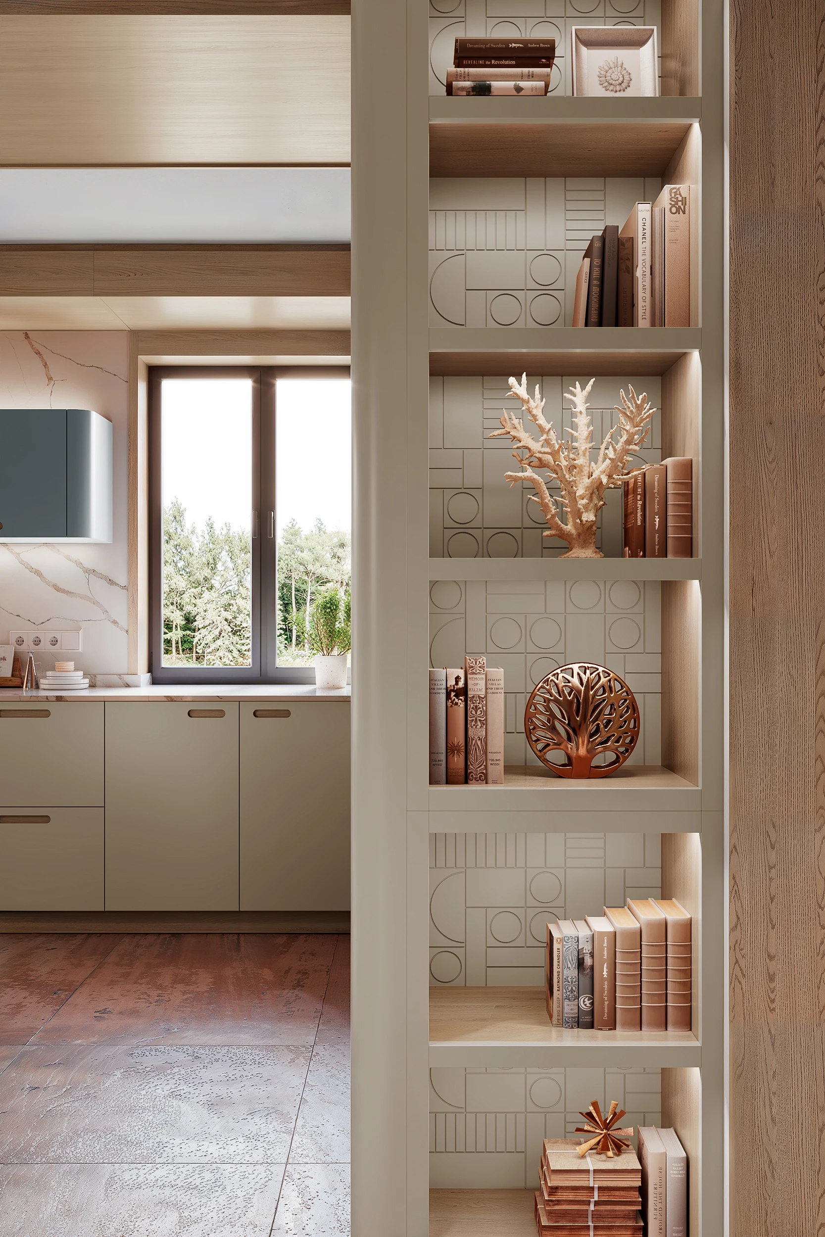 Открытые полки с узорчатыми задними стенками завершающего шкафа-стеллажа МАЛЕВИЧ СТАДИОН John Green Дизайн открытых полок у кухни МАЛЕВИЧ СТАДИОН John Green