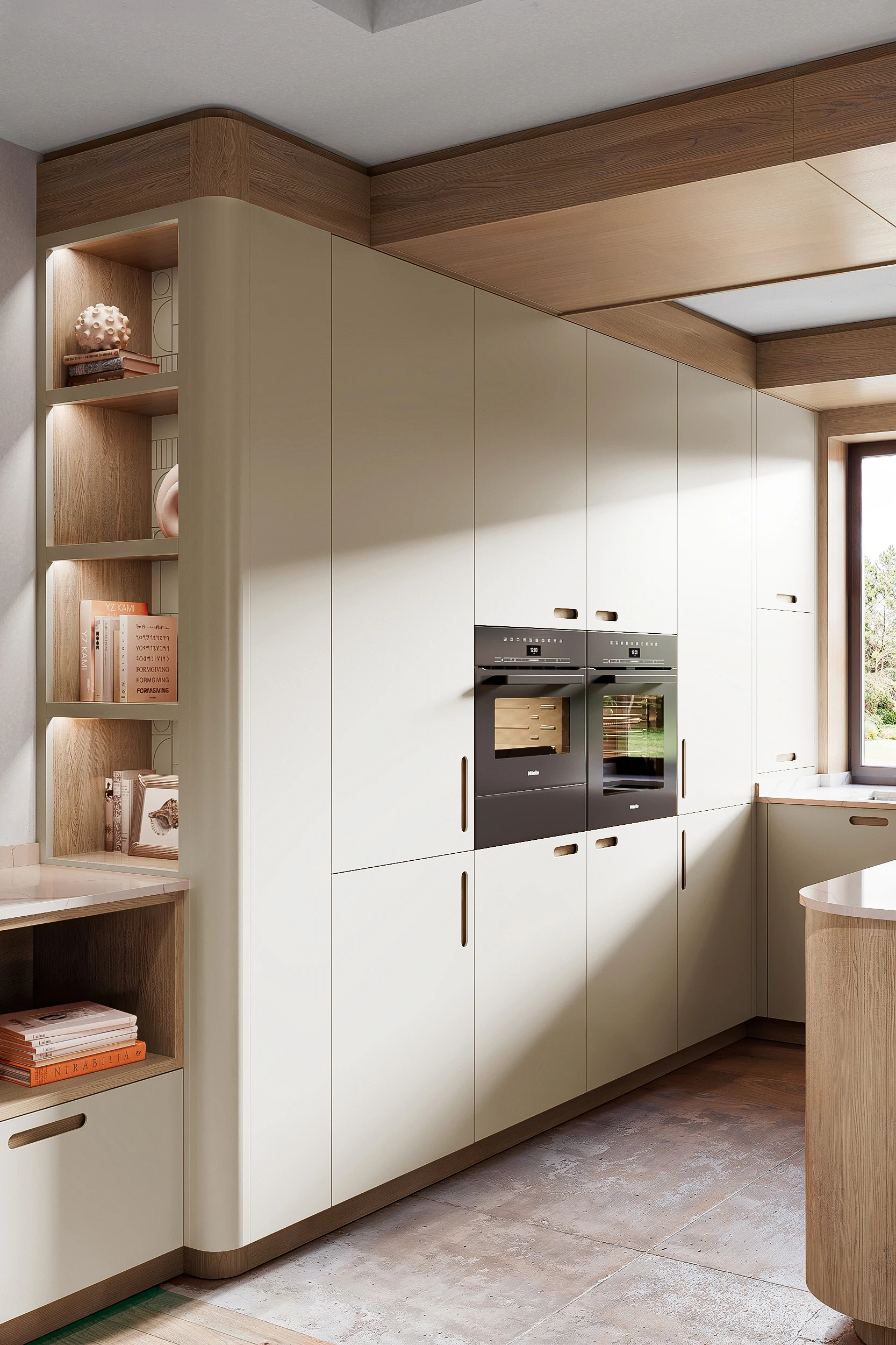 Бежевые высокие кухонные шкафы-пеналы с деревянным потолочным коробом МАЛЕВИЧ СТАДИОН John Green Дизайн пеналов с полками МАЛЕВИЧ СТАДИОН John Green