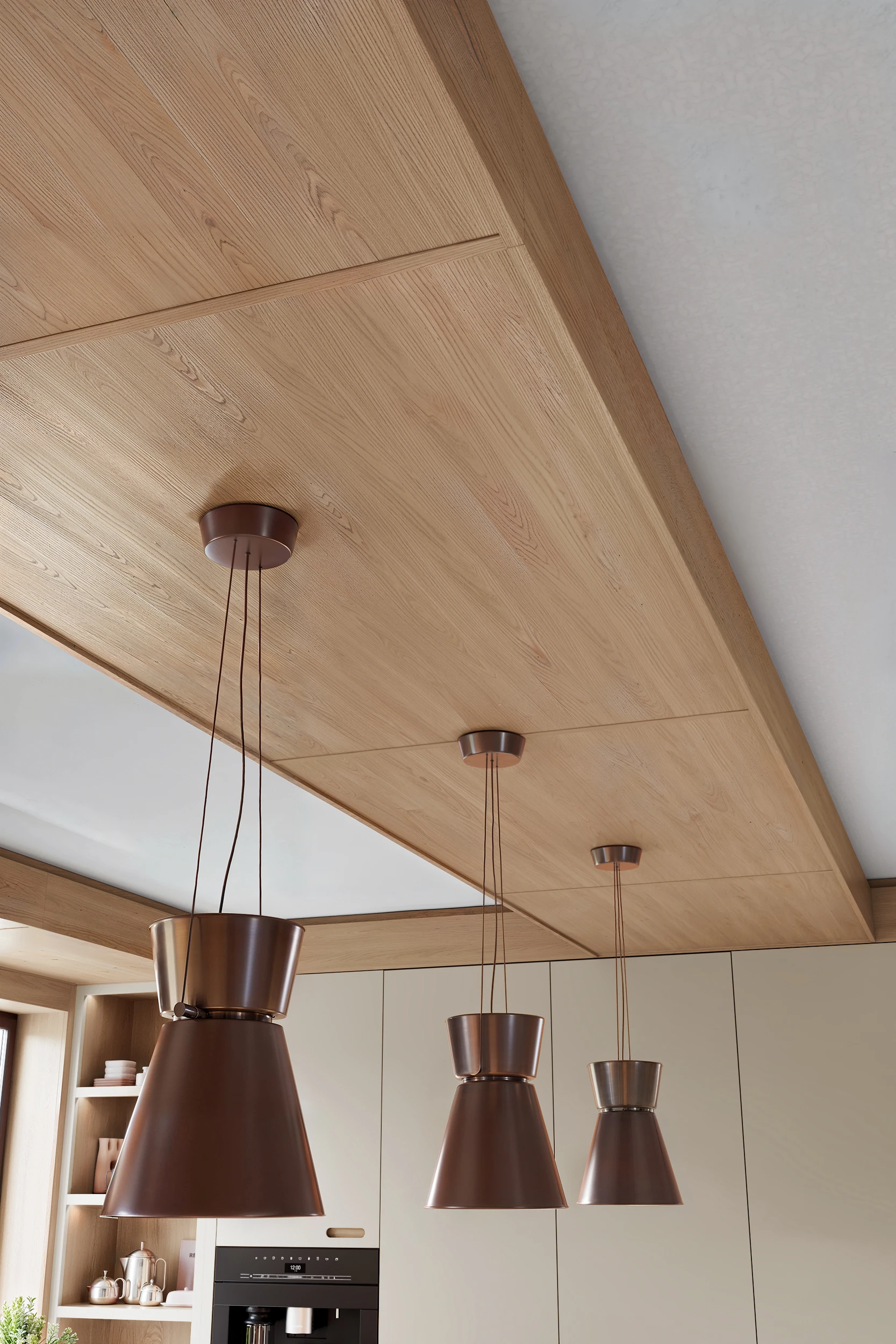 Потолочный кухонный короб из дерева МАЛЕВИЧ СТАДИОН John Green с висячими светильниками Дизайн потолчных панелей МАЛЕВИЧ СТАДИОН John Green