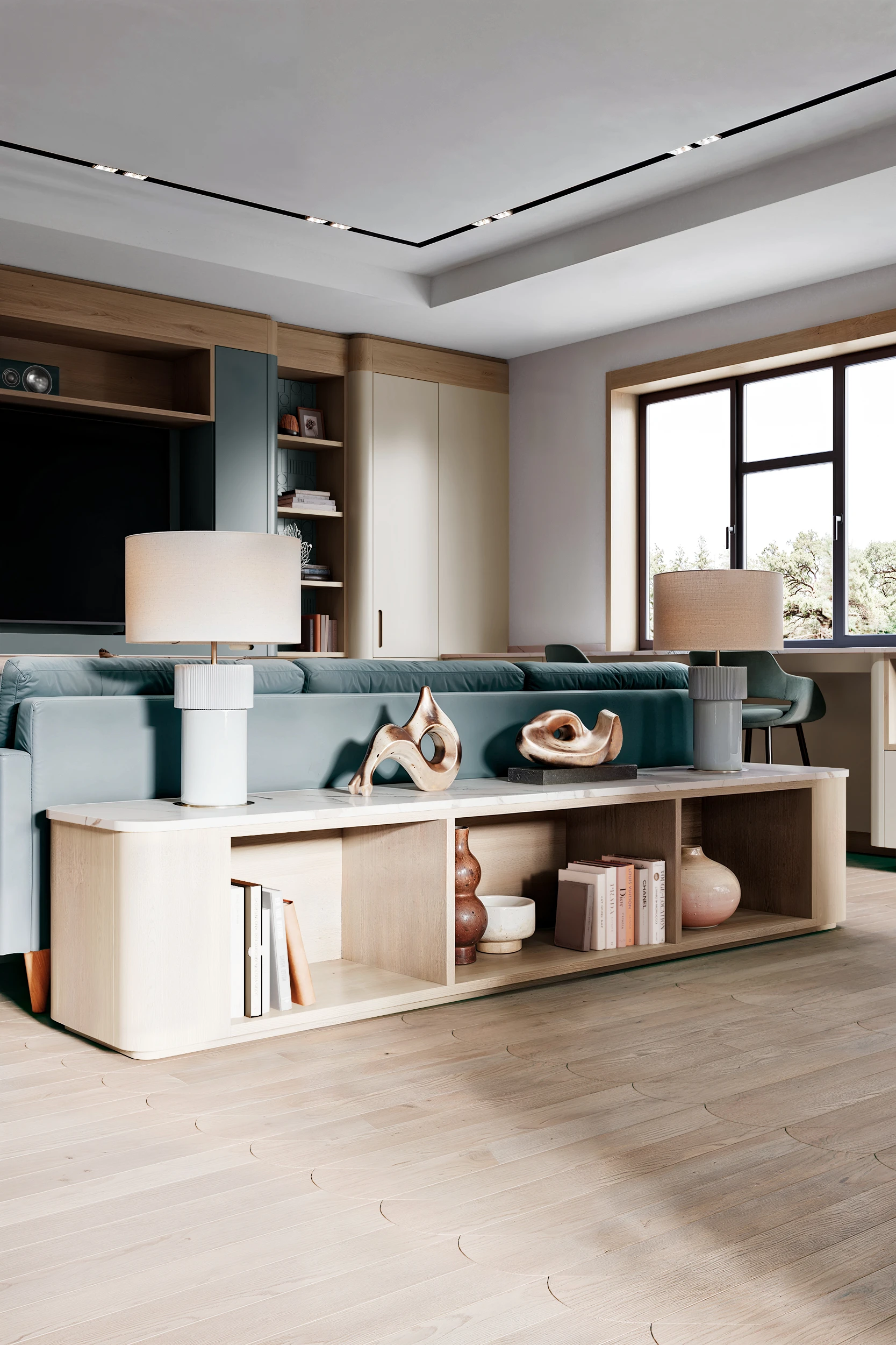 Деревянная тумба позади зелёного дивана посреди кухни-гостиной МАЛЕВИЧ СТАДИОН John Green Дизайн тумбы у кухни МАЛЕВИЧ СТАДИОН John Green