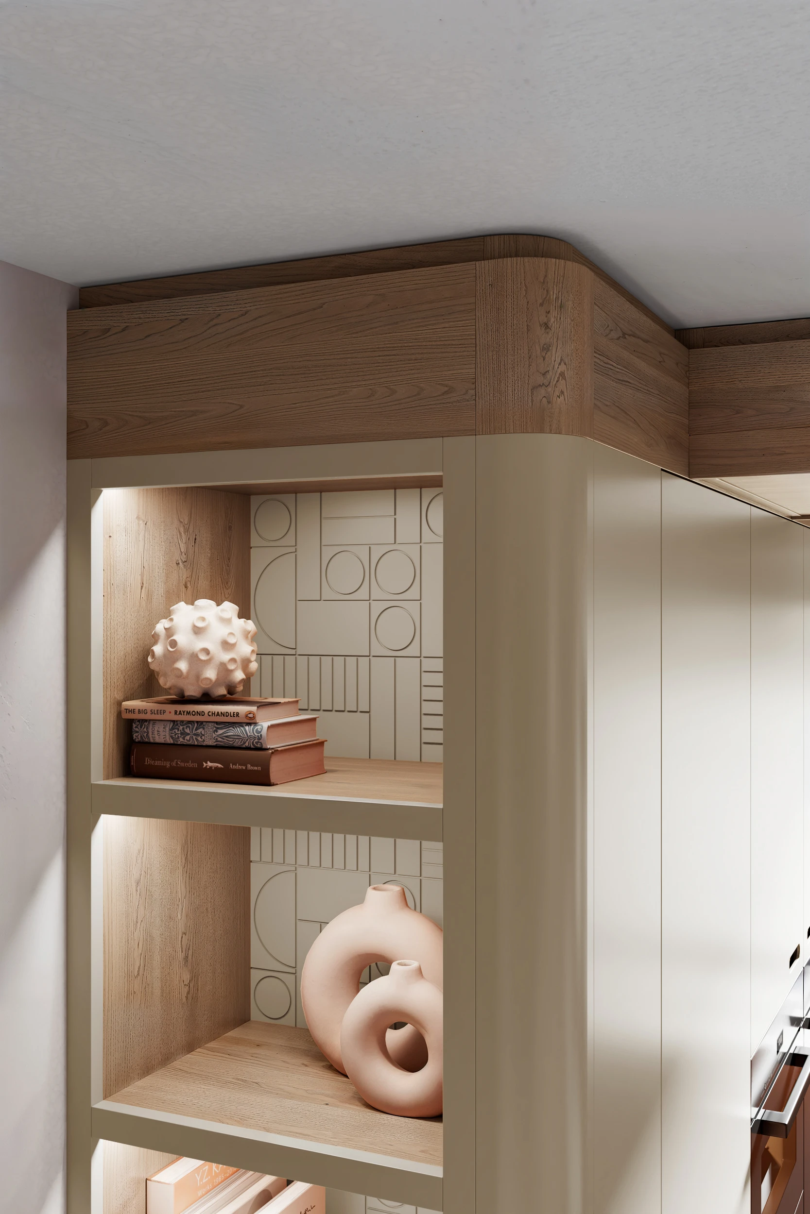 Потолочный короб со скруглённым углом поверх кухонных шкафов МАЛЕВИЧ СТАДИОН John Green Дизайн верхних карнизов кухни МАЛЕВИЧ СТАДИОН John Green