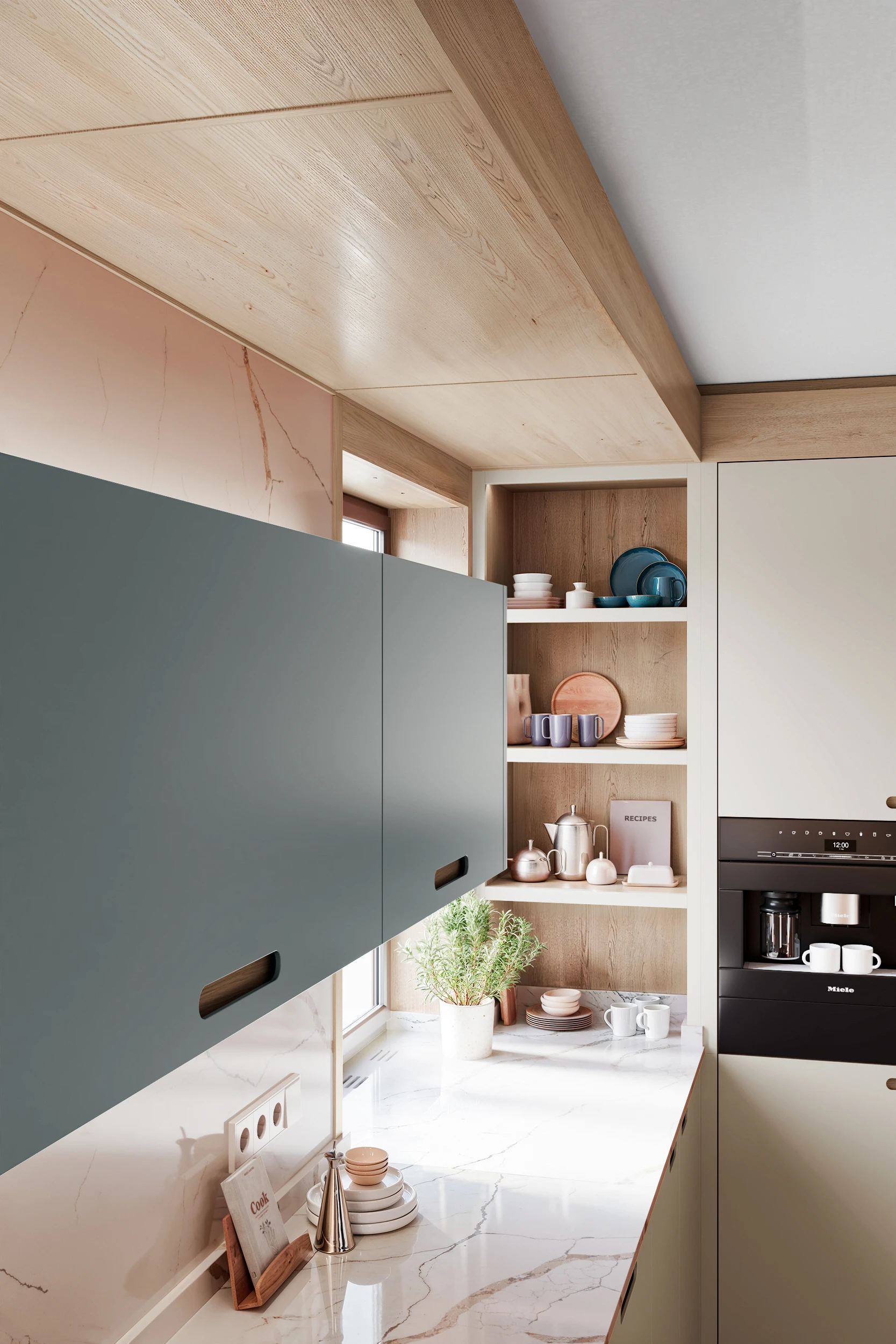 Зелёные навесные шкафы и деревянный потолочный короб на кухне МАЛЕВИЧ СТАДИОН John Green Короб из панелей на кухне МАЛЕВИЧ СТАДИОН John Green