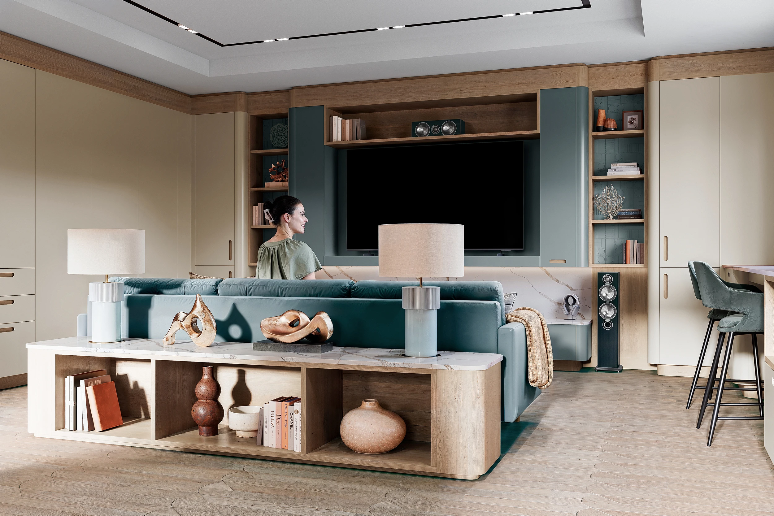 Большой сегмент с зелёным диваном в кухне-гостиной МАЛЕВИЧ СТАДИОН John Green