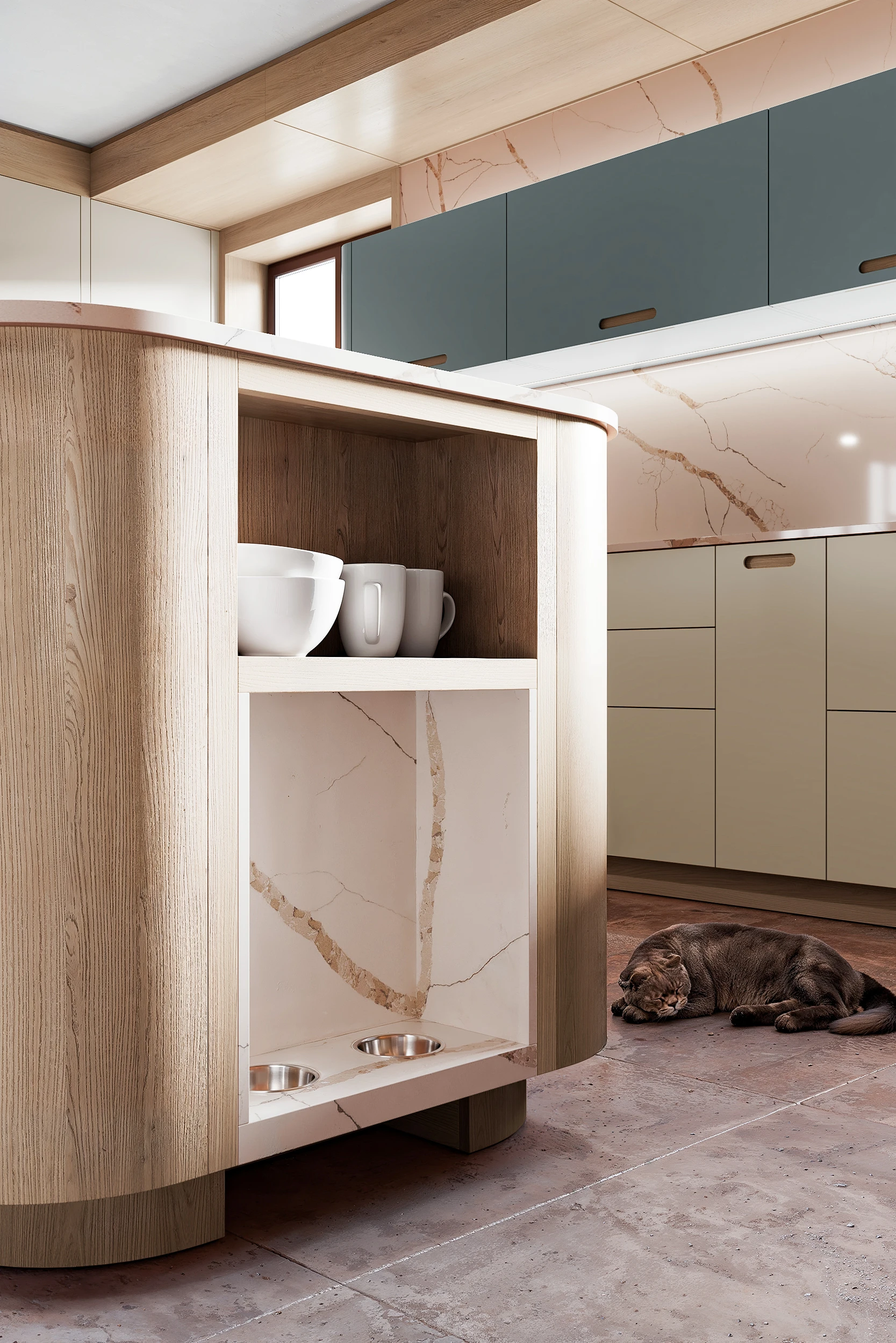 Открытая полка из камня для корма домашних питомцев на кухонном острове МАЛЕВИЧ СТАДИОН John Green Место для корма животных на кухне МАЛЕВИЧ СТАДИОН John Green