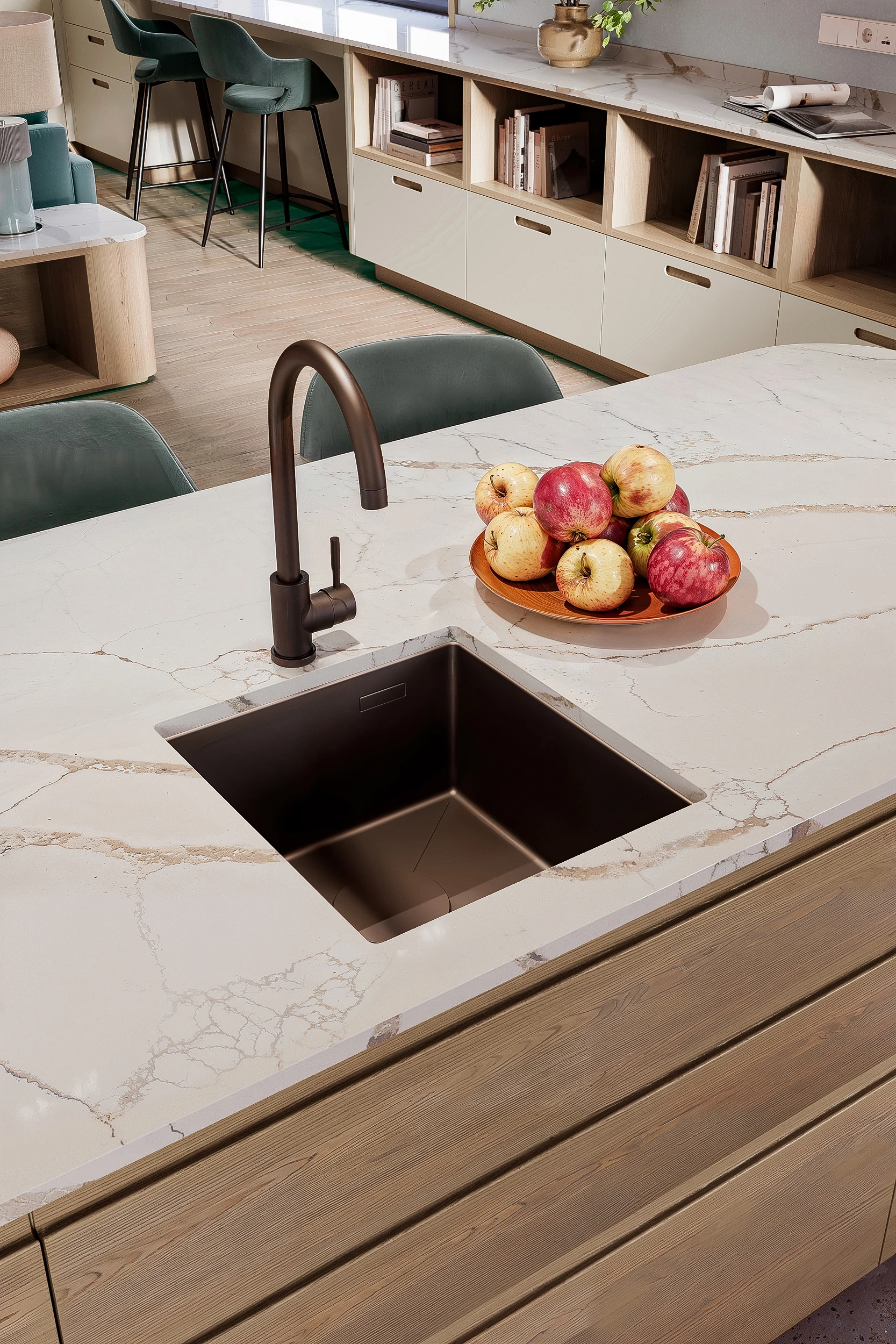 Бронзовая интегрированная мойка под белой столешницей деревянного кухонного острова МАЛЕВИЧ СТАДИОН John Green Мойка на острове кухни МАЛЕВИЧ СТАДИОН John Green