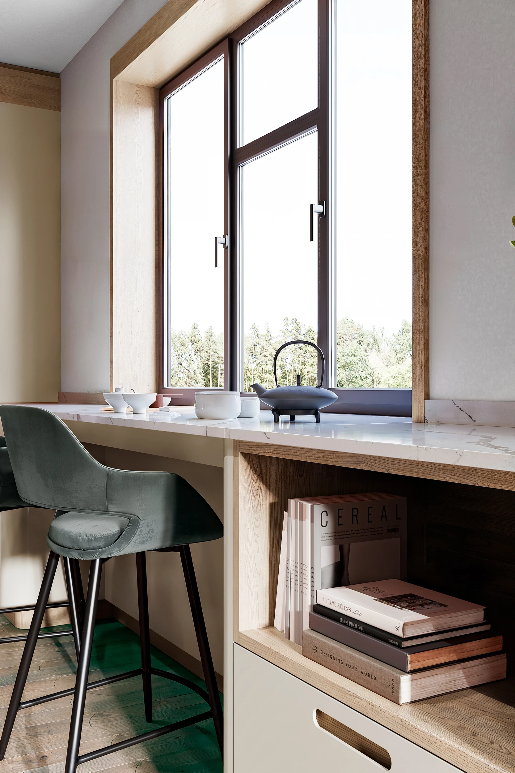 Кухонная столешница у окна без навесных шкафов МАЛЕВИЧ СТАДИОН John Green Обеденная зона у окна кухни МАЛЕВИЧ СТАДИОН John Green