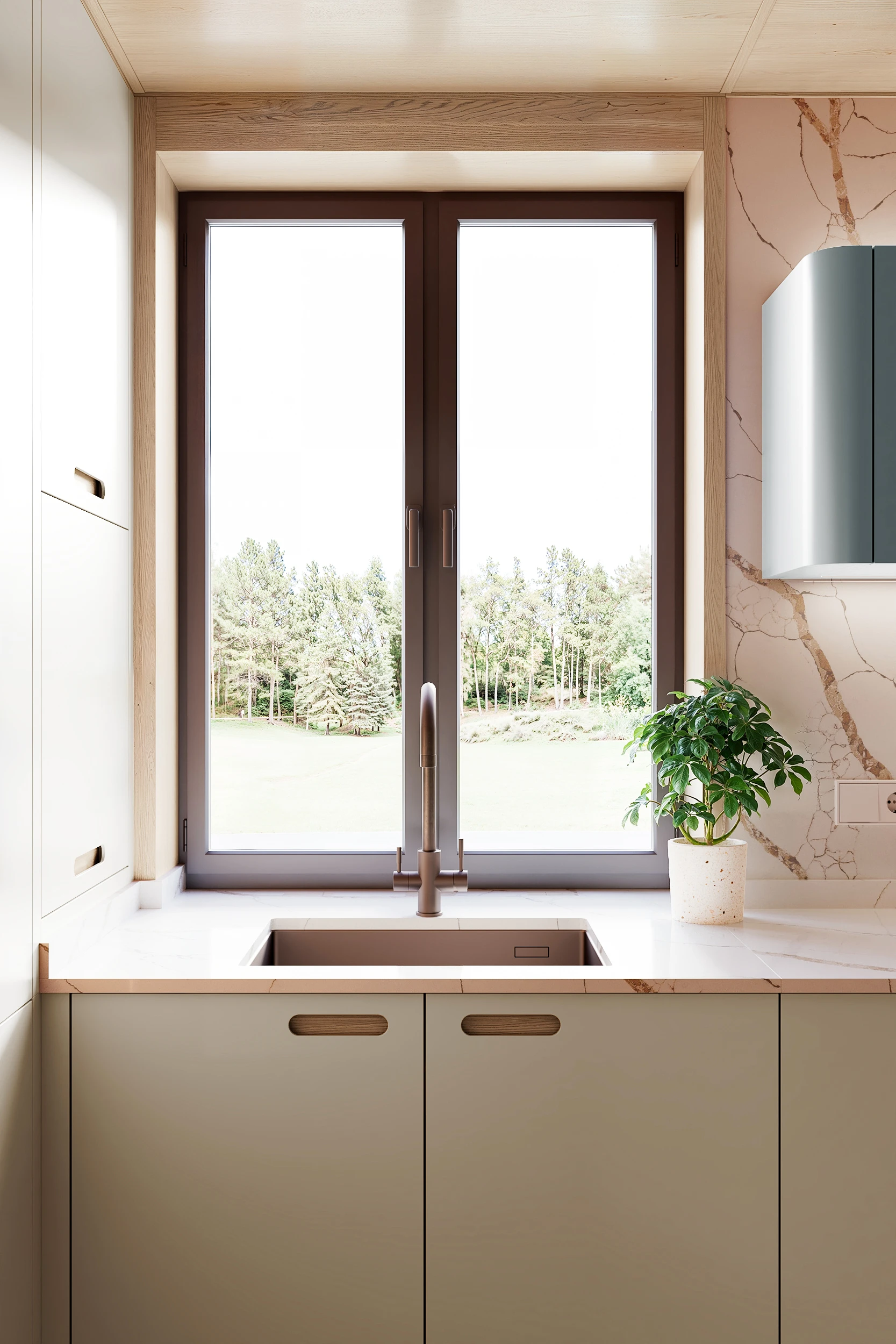 Мойка напротив облицованного в цвет мебели окна на кухне МАЛЕВИЧ СТАДИОН John Green Оконный проем у кухни МАЛЕВИЧ СТАДИОН John Green