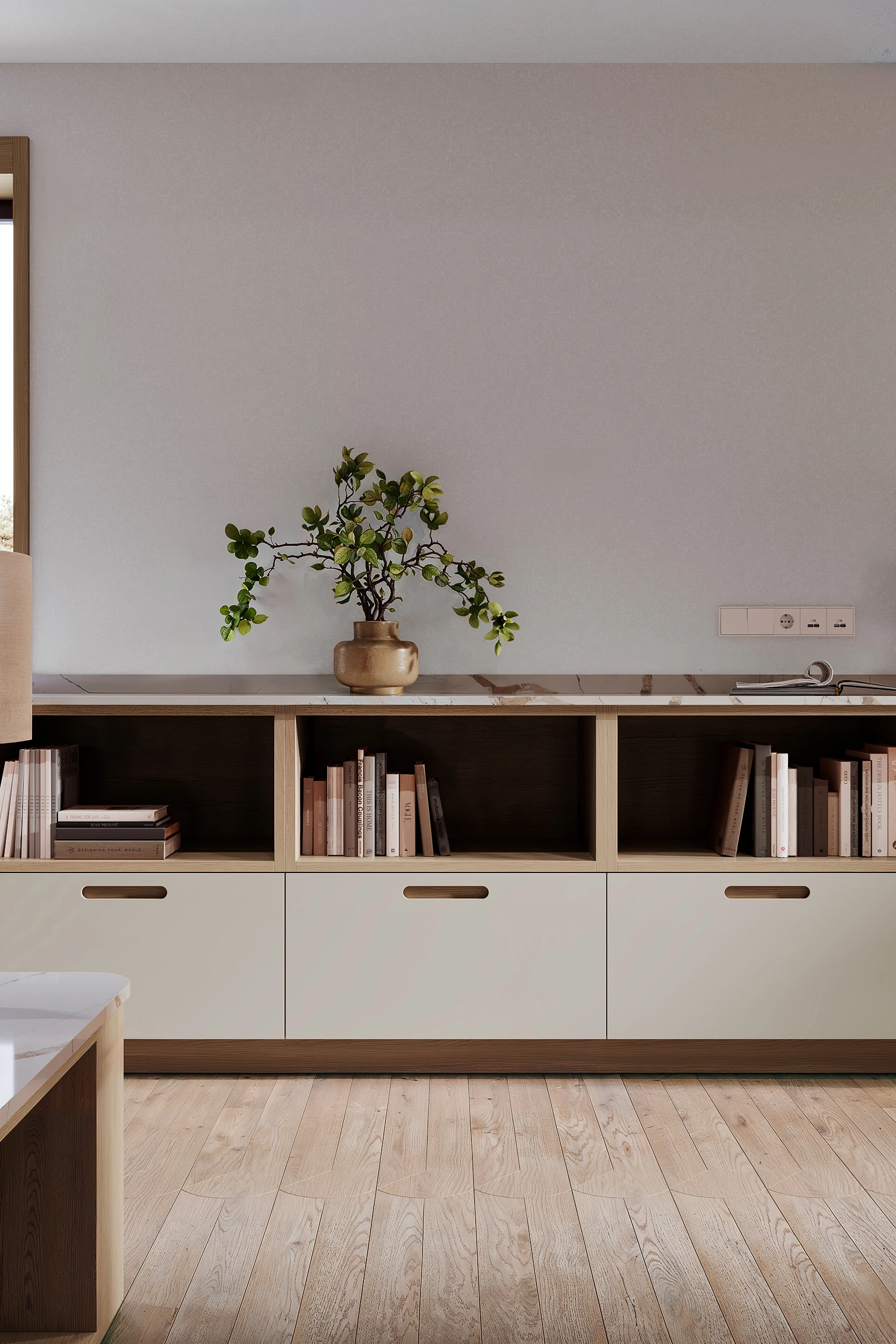 Открытые кухонные ниши с толстыми стенками в кухне-гостиной МАЛЕВИЧ СТАДИОН John Green Открытые полки на шкафах кухни МАЛЕВИЧ СТАДИОН John Green