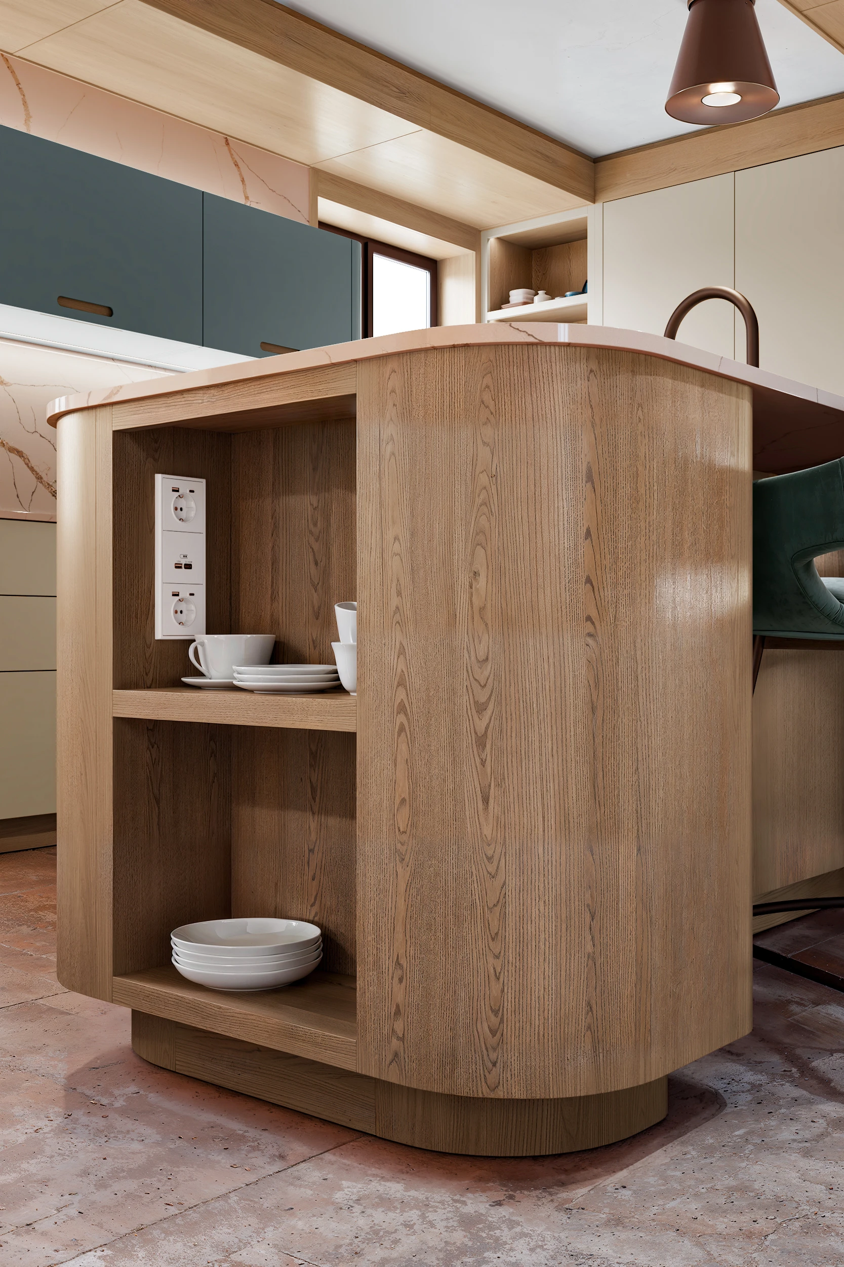 Открытые полки с розетками на деревянном кухонном острове со скруглёнными углами МАЛЕВИЧ СТАДИОН John Green Открытые полки острова с розеткам МАЛЕВИЧ СТАДИОН John Green