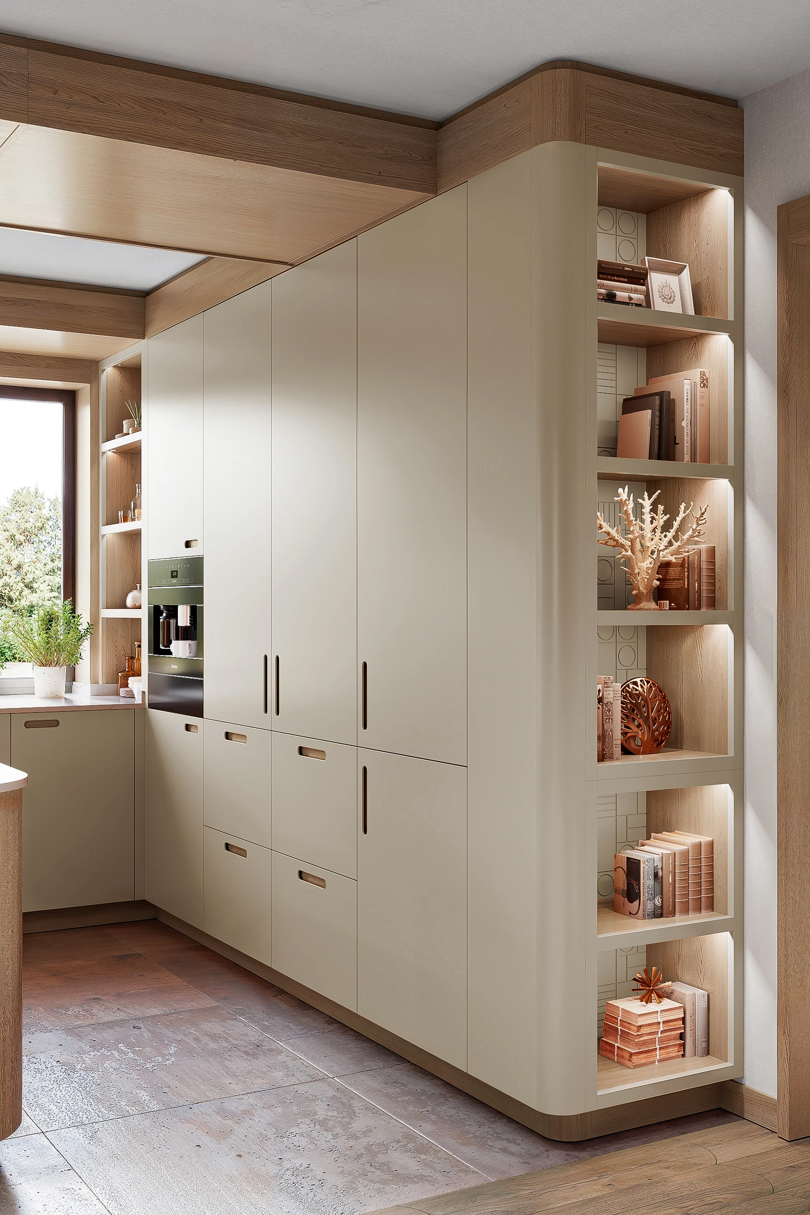 Завершающий высокий кухонный шкаф-стеллаж с подсветкой полок МАЛЕВИЧ СТАДИОН John Greenм Пеналы с полками у кухни МАЛЕВИЧ СТАДИОН John Green