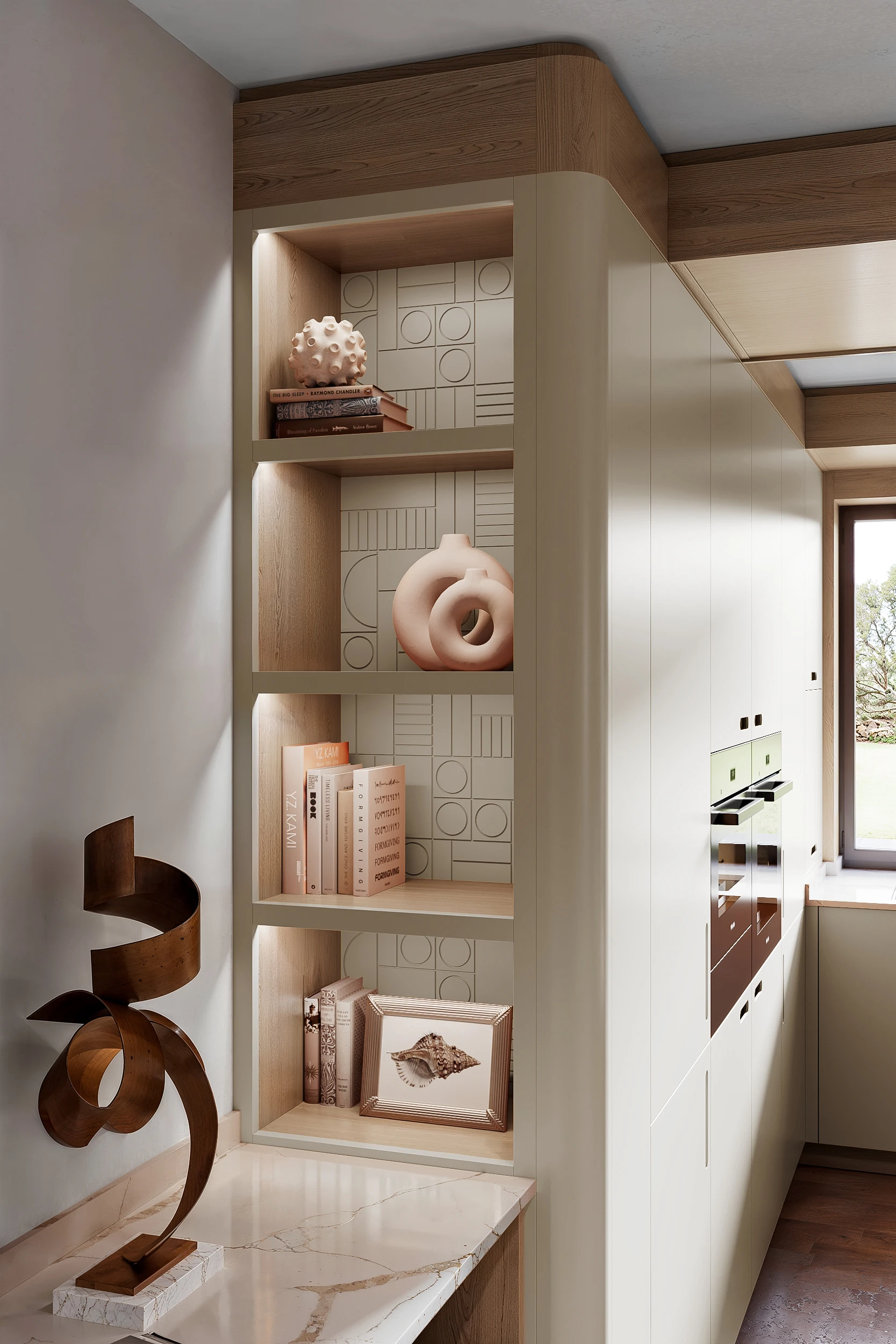 Открытые полки с узорчатыми задними стенками на завершающем кухонном шкафе-стеллаже МАЛЕВИЧ СТАДИОН John Green Полки с освещением у пеналов МАЛЕВИЧ СТАДИОН John Green