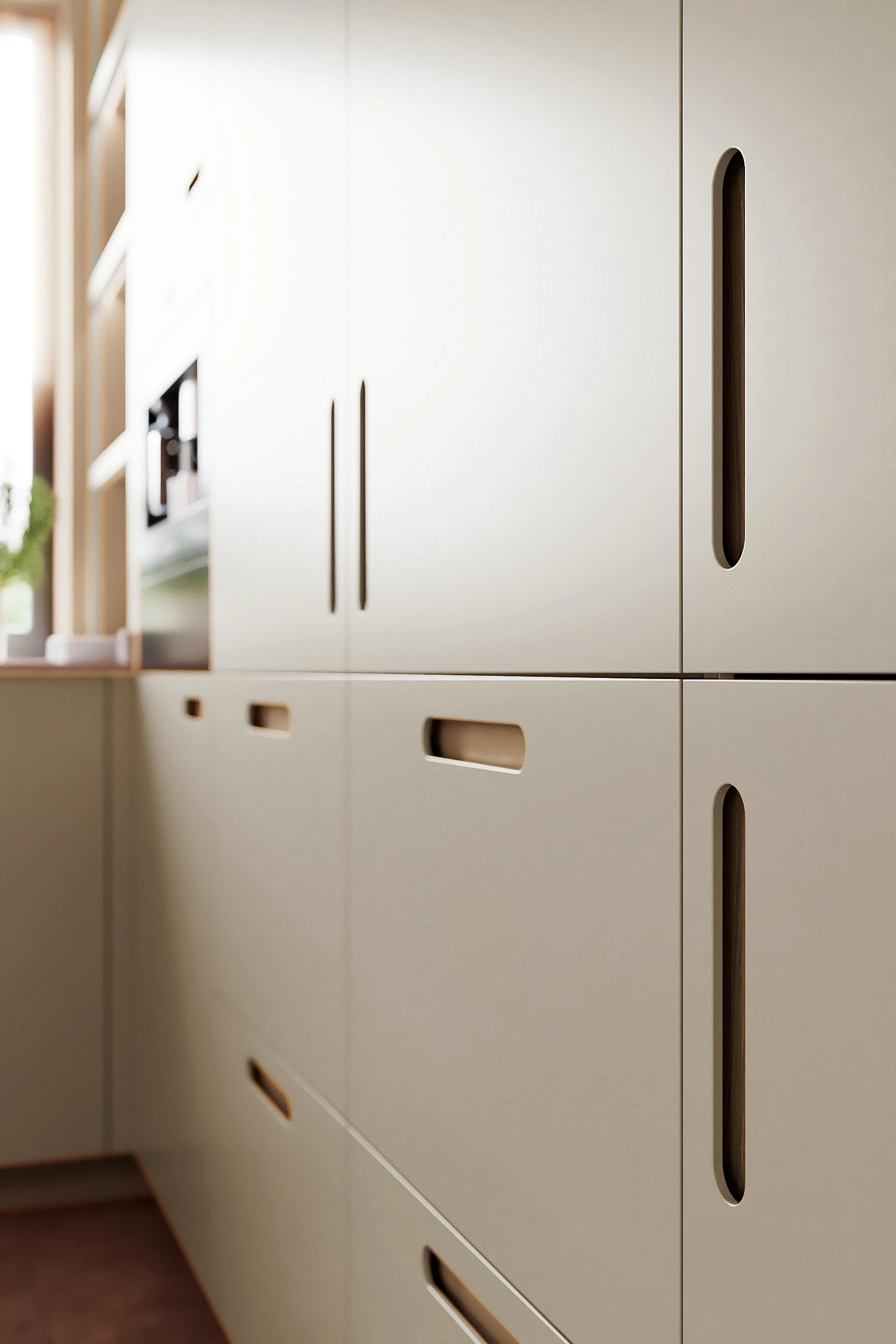 Интегрированные ручки высоких кухонных шкафов-пеналов МАЛЕВИЧ СТАДИОН John Green Ручки пеналов кухни МАЛЕВИЧ СТАДИОН John Green