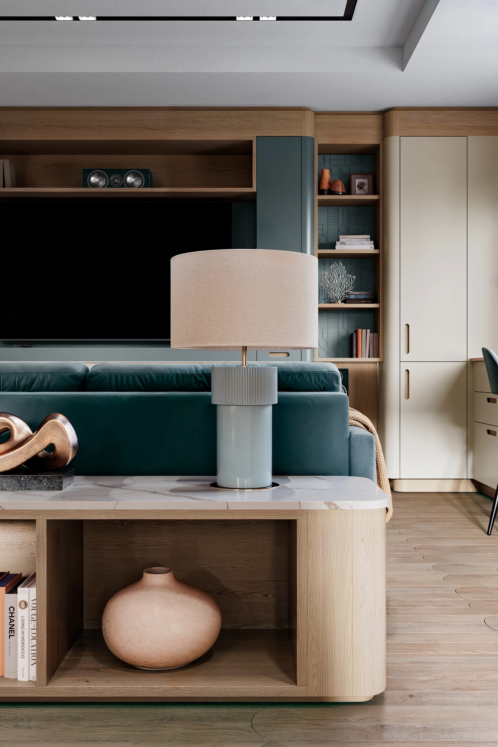 Деревянная тумба со скруглёнными углами в кухне-гостиной МАЛЕВИЧ СТАДИОН John Green Тумба за диваном в кухне-гостиной МАЛЕВИЧ СТАДИОН John Green