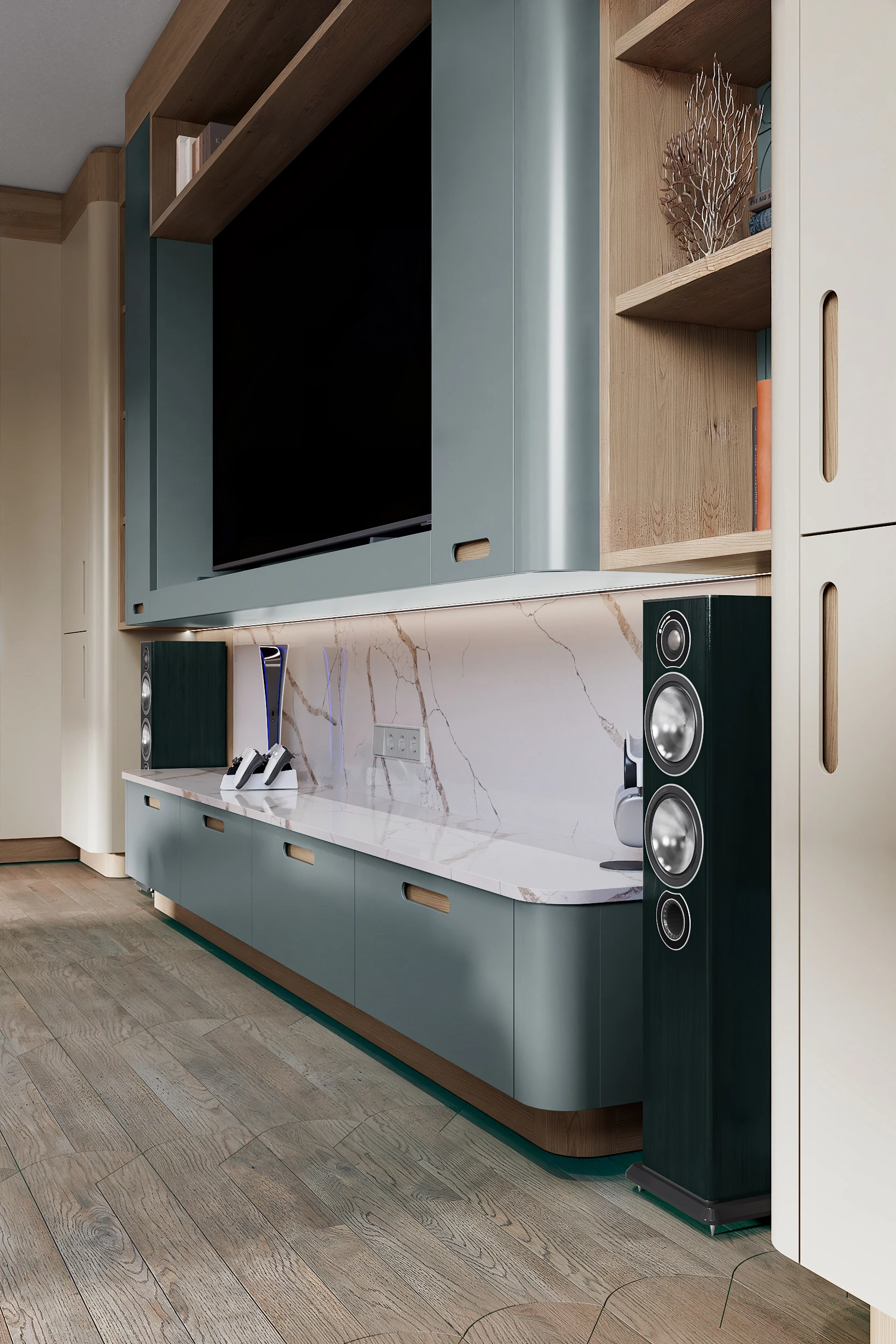 Современный медиа-центр в кухне-гостиной МАЛЕВИЧ СТАДИОН John Green ТВ тумба в кухне-гостиной МАЛЕВИЧ СТАДИОН John Green