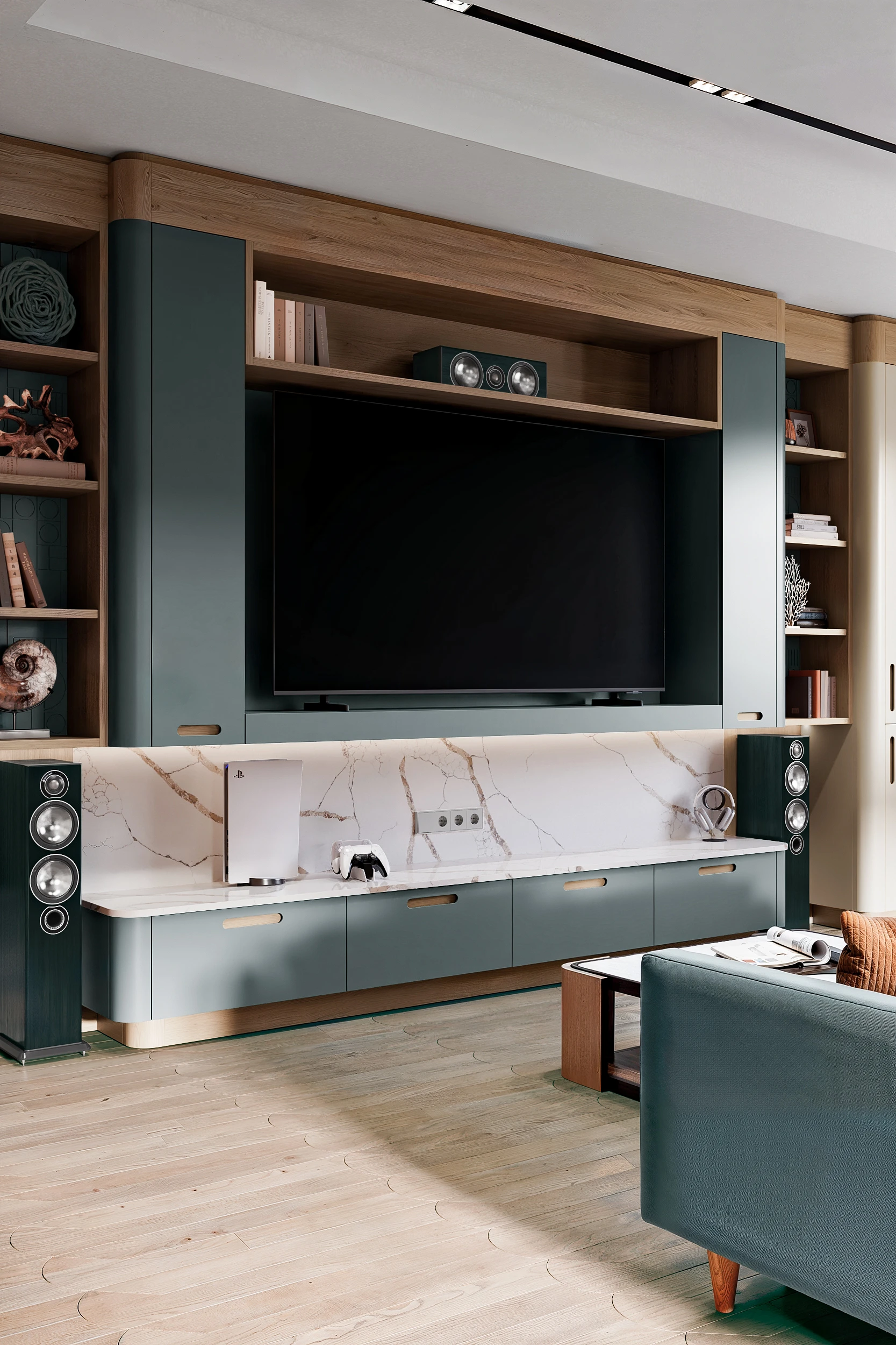 Современная встроенная стенка с телевизором, игровой приставкой и колонками в кухне-гостиной МАЛЕВИЧ СТАДИОН John Green ТВ тумба встроенная в стеллаж кухни МАЛЕВИЧ СТАДИОН John Green