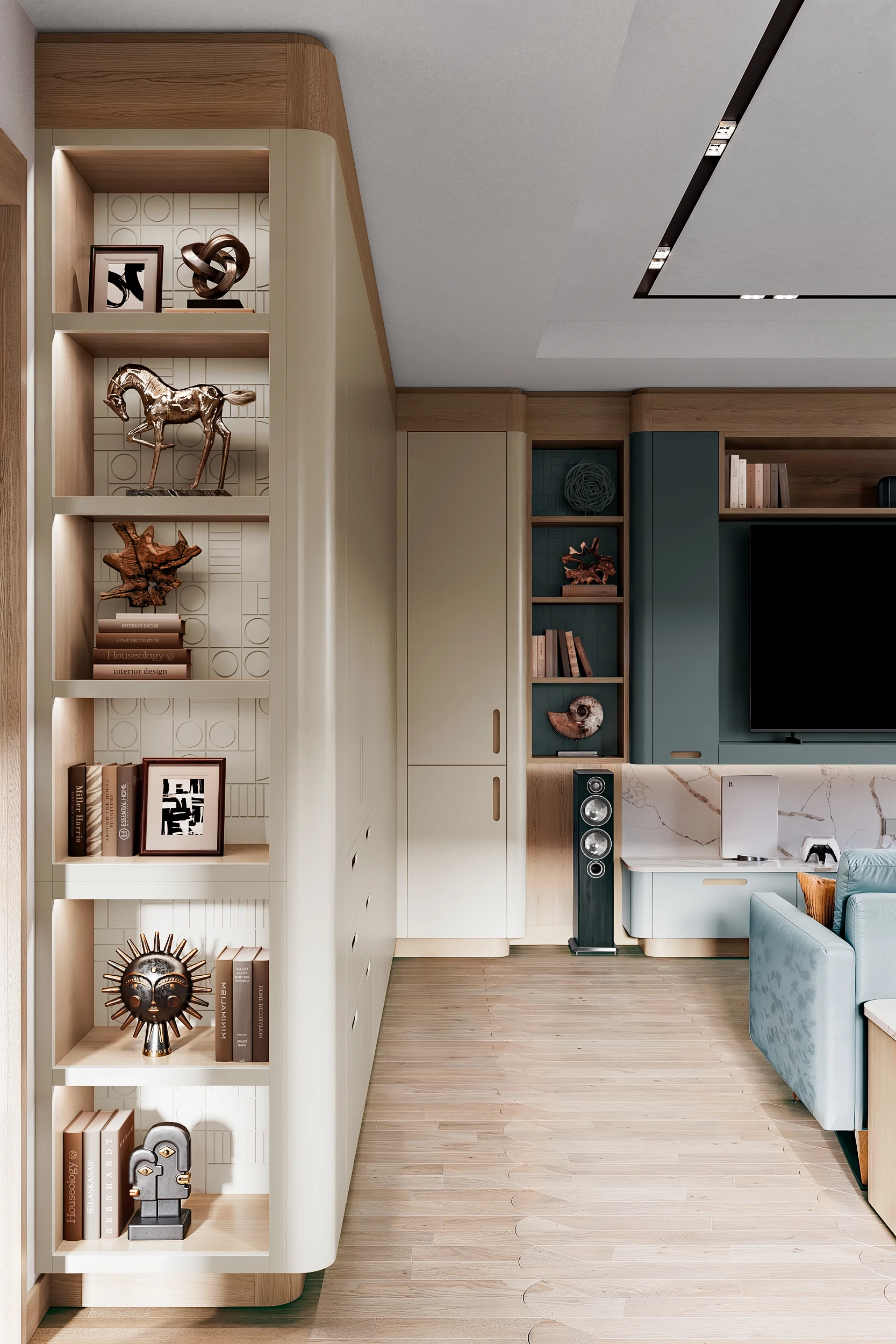 Завершающий кухонный стеллаж с открытыми полками МАЛЕВИЧ СТАДИОН John Green Удобные полки в торце пеналов на кухне МАЛЕВИЧ СТАДИОН John Green