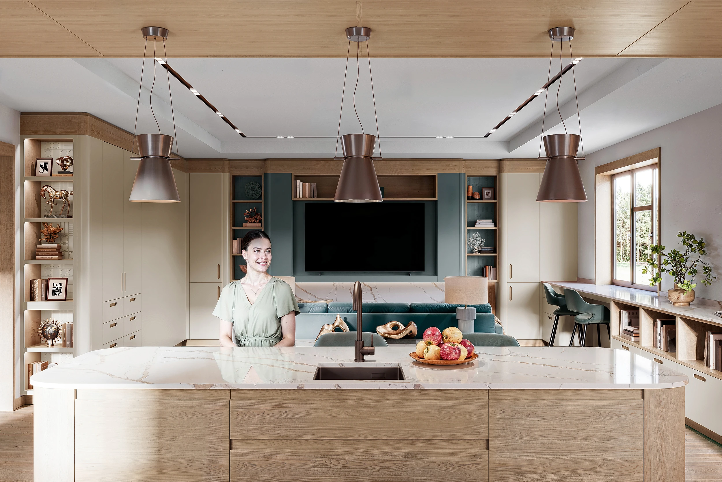 Деревянный кухонный остров без ручек и с белой кварцевой столешницей МАЛЕВИЧ СТАДИОН John Green